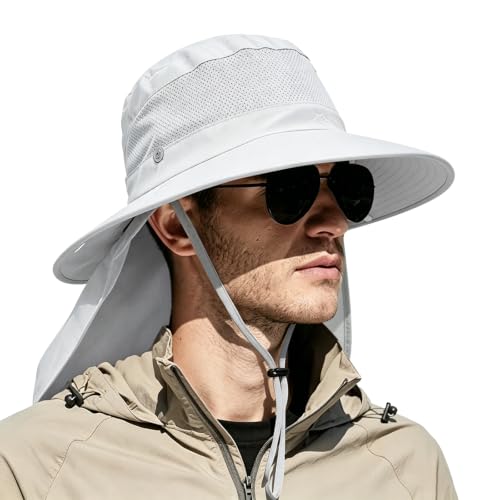 Outdoor Sun Hats with Stowable Neck Flap for Men Women UPF 50+ Mesh Summer Bucket Hat Wide Brim for Fishing Safari Hiking - color: Light Grey