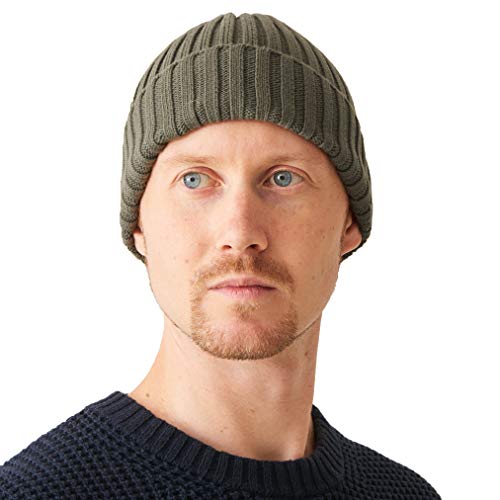 CHARM Mens Cotton Fisherman Beanie - Ribbed Trawler Knit Cap Womens Slouch Hat - color: Khaki