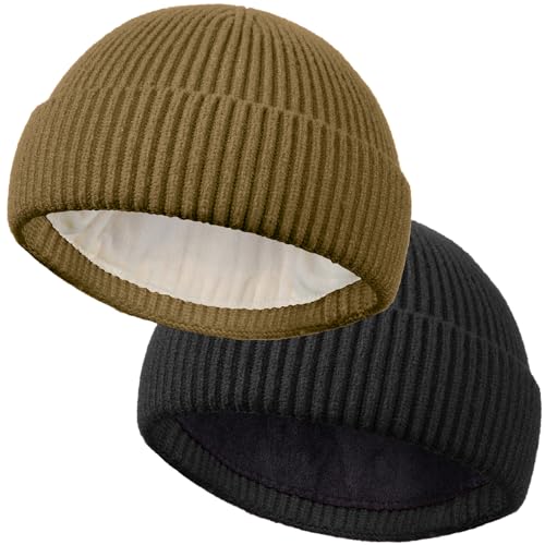 ROYBENS Short Wool Fisherman Beanie for Men Women Knit Fleece Lined Beanies - color: 2pcs-black+light Coffee