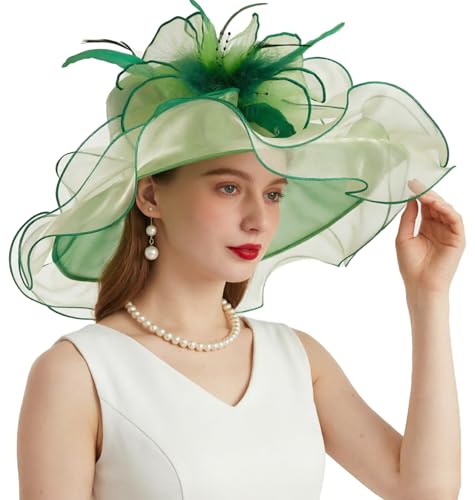 ORIDOOR Women Hats Headband Hairpin Organza Fascinator Church Hat Floral Tea Party Wedding Hat - color: 006 Grass Green