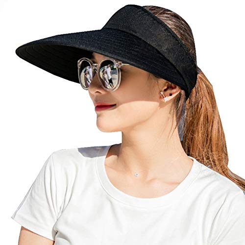 Sun Visor Hats Women Large Brim Summer UV Protection Beach Cap - color: Black