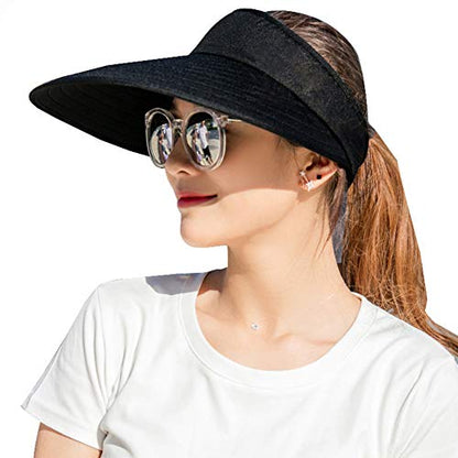 Sun Visor Hats Women Large Brim Summer UV Protection Beach Cap - color: Black