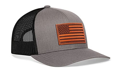 HAKA American Flag Hat | USA Mesh Trucker Snapback Comfort Baseball Cap - color: Gray & Black, style: American Flag (Leather)