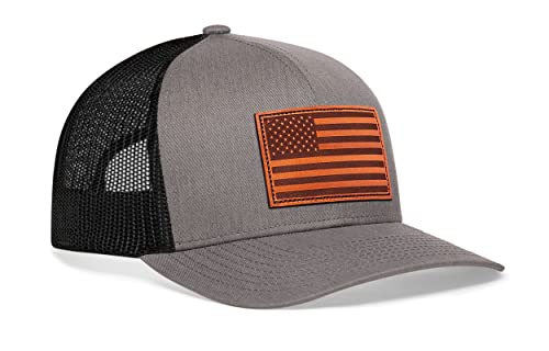 HAKA American Flag Hat | USA Mesh Trucker Snapback Comfort Baseball Cap - color: Gray & Black, style: American Flag (Leather)