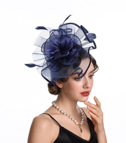 Women's Organza Church Vintage Wedding Fascinator Tea Party Wedding Hat Summer - color: Hj2-navy