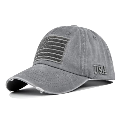 YuMENo American Flag Baseball Cap for Men Women Adjustable Distressed Embroidered USA Dad Hat - color: Washed Grey
