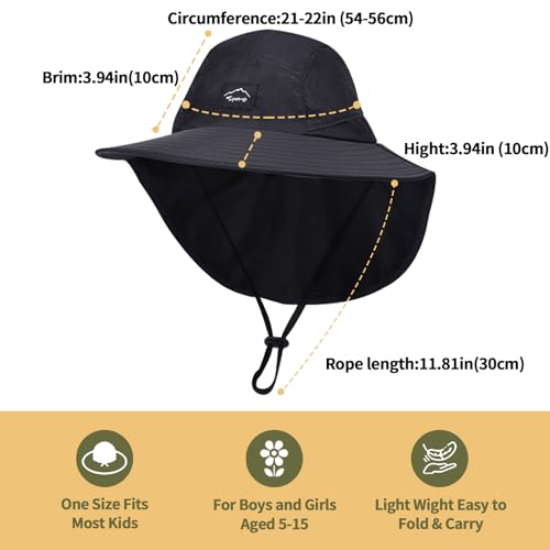 ZOORON Kids Sun Hat with Neck Flap Beach Fishing Bucket for Boys Girls - color: Black