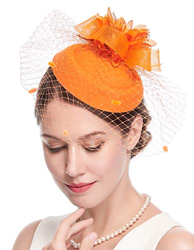 Fascinator Hats for Women 20s 50s Vintage Pillbox Hat Kentucky Derby Fascinators Flower Veil Wedding Tea Party Hat - color: 1-orange