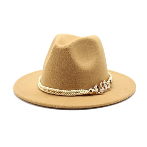 Lady Wide Brim Felt Fedora Panama Hat with Ring Belt - color: Camel, size: Medium