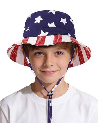 Kids UPF 50+ Waterproof Sun Hat, Packable Wide Brim Bucket Hat - color: Z American Flag