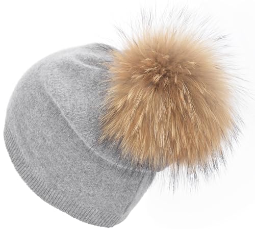 Women's Double Layer Winter Slouchy Knit Beanie Hat with Real Fur Pom Pom - color: Grey