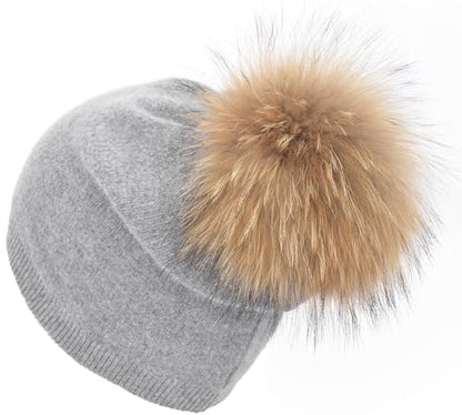 Women's Double Layer Winter Slouchy Knit Beanie Hat with Real Fur Pom Pom - color: Grey