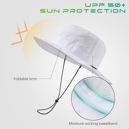 UPF 50+ Bucket Sun Hat with Laser Perforated Mesh Cooling Adjustable Breathable Lightweight for Outdoor Men Women - color: White