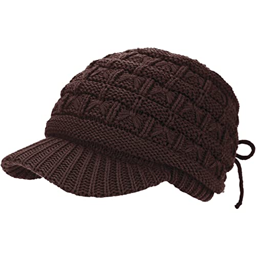 BYOS Womens Winter Chic Cable Warm Fleece Lined Crochet Knit Hat W/Visor Newsboy Cabbie Cap - color: Basket Woven-dark Brown