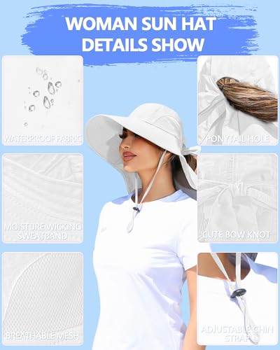 Womens Sun Hat Outdoor UV Protection Wide Brim Fishing Hat with Ponytail Hole Neck Flap for Beach Hiking Camping - color: White