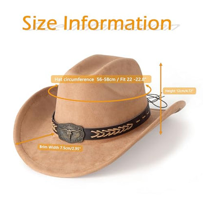 Western Cowboy Hat for Women Men Retro Suede Hat - color: Khaki-square Bull Buckle