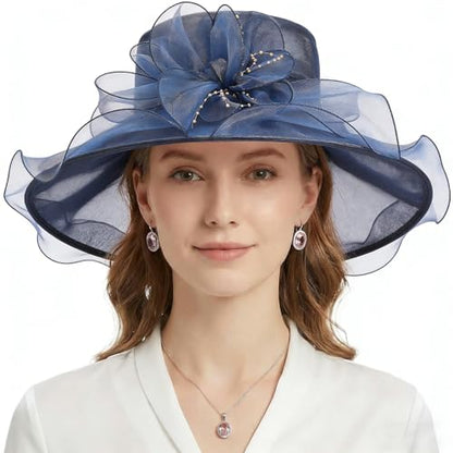 DRESHOW Women Organza Hat Church Cap Hats Clearance Kentucky Derby Cocktail Tea Party Wedding Flower Hat with Wide Brim - color: A Navy Blue Ab