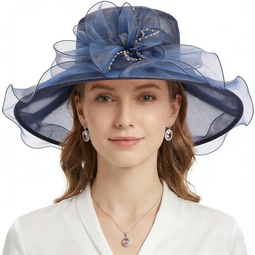 AQOKKA Women Organza Church Fascinators Kentucky Derby Hats for Women and Girls Wedding Flower Tea Party Hat with Wide Brim - color: Navy