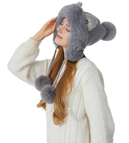 HUAMULAN Women Winter Sherpa Knit Beanie Hat Fleece Lined Ear Flaps - color: Grey Solid