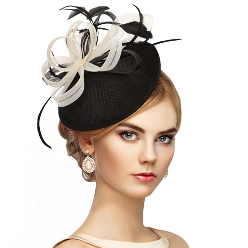 Zinniday Black Feather Fascinators Headband - 2026 Vintage Derby Hats Mesh Victoria Tea Party Kentucky Hat for Women - color: White Black