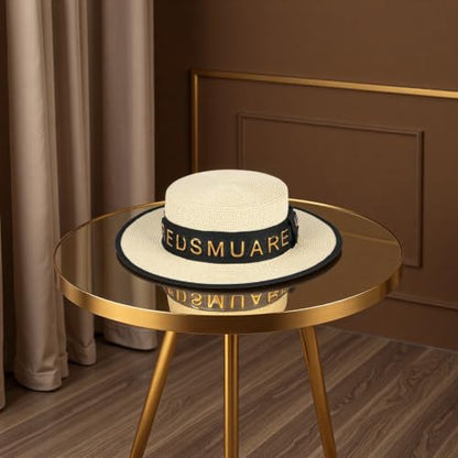 2026 New Viral Influencer Letter Band Boater Straw Sun Hat for Women Wide Brim UV Protection Beach Vacation Essentials - color: Beige