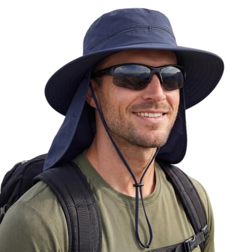 Connectyle Wide Brim Sun Hat for Men Women UPF 50+ Breathable Fishing Hat with Neck Flap Outdoor Hiking Safari Bucket Hats - color: Navy Blue