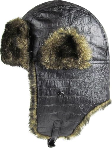 Wool Blend Aviator Trapper hat Trooper Ear Flaps Ushanka Eskimo Russian Warm Winter Cold… - color: Black Pu Leather