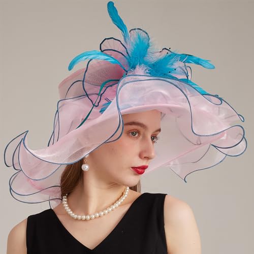 Kentucky Organza Derby Top Hats for Women Sun Visor Cap Ladies Flowers Bride Weeding Fascinators Wide Brim Fedoras - color: Pink 1