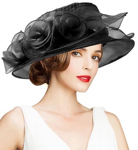 Women's Kentucky Derby Church Dress Hat Wide Brim Leaf Flower Bridal Shower Hat - color: A9 Black