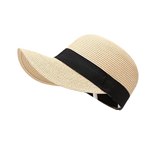 Summer Visor Hats for Women Foldable Floppy Solid Color Straw Sun Hat Travel Beach Baseball Cap - color: Beige