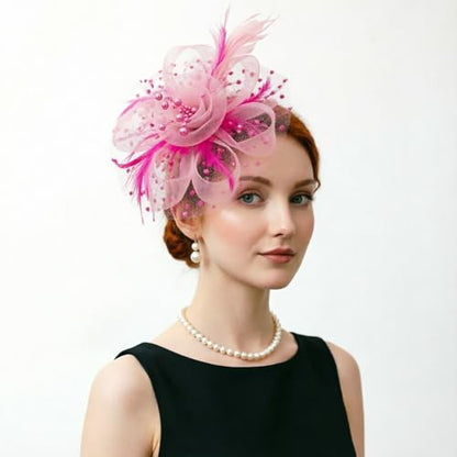 DRESHOW Fascinators Hat Flower Mesh Ribbons Feathers on a Headband and a Clip Tea Party Headwear for Girls and Women - color: 7" Diameter / Dark Pink & Light Pink