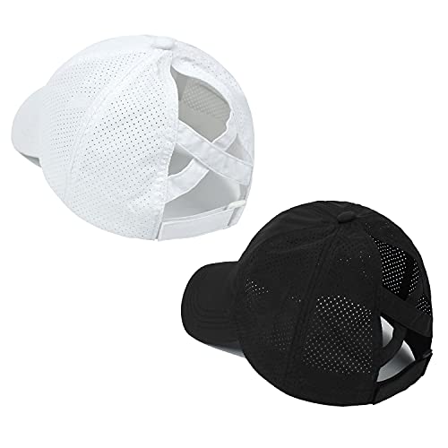 Womens Criss Cross Ponytail Hat Quick Drying Baseball Cap Sun Hats UV Protection Sport Cap - color: Black+white