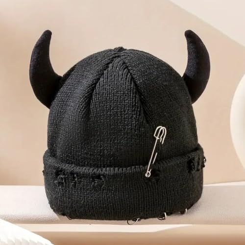Distressed Ring Beanie Hat for Women Men Slouchy Skull Cap - color: Horns Black