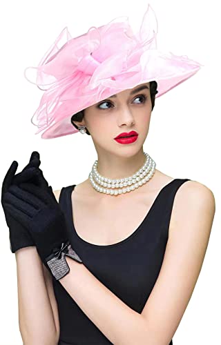 Women's Kentucky Derby Church Dress Hat Wide Brim Leaf Flower Bridal Shower Hat - color: S6-pink