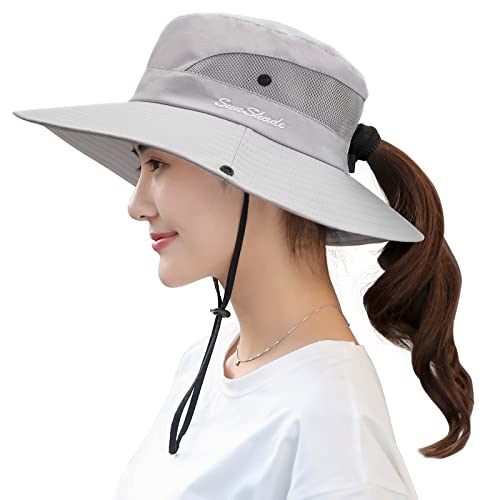 Muryobao Women's Ponytail Sun Hat UV Protection Foldable Mesh Wide Brim Beach Fishing Hat - color: Pure Light Grey