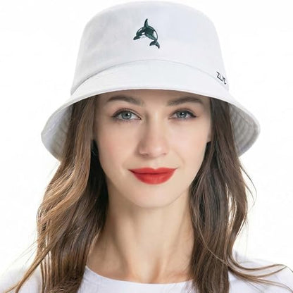 ZLYC Cotton Bucket Hat for Women Men Embroidered Packable Summer Sun Cap - color: Whale White