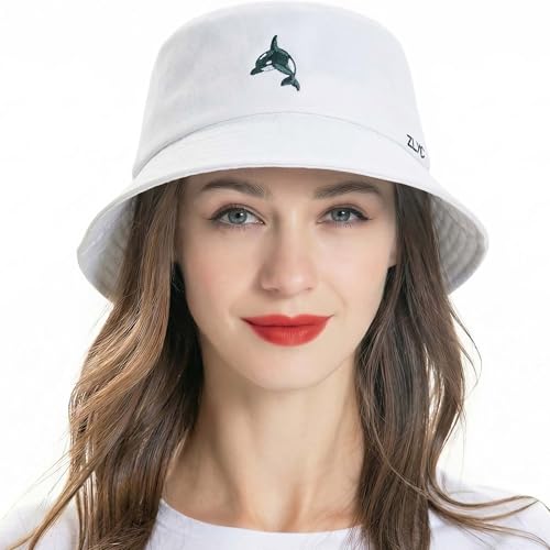 ZLYC Cotton Bucket Hat for Women Men Embroidered Packable Summer Sun Cap - color: Whale White