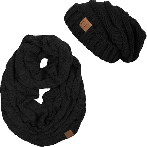 Funky Junque Slouchy Beanie & Infinity Scarf Gift Set – Matching Winter Accessories Sets for Women, Oversized Hat and Scarves - color: Black