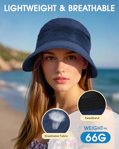 Century Star Sun Hat for Women Wide Brim Zip-Off Beach Hat Visor Ponytail UV Protection Summer Visors - color: Dark Blue