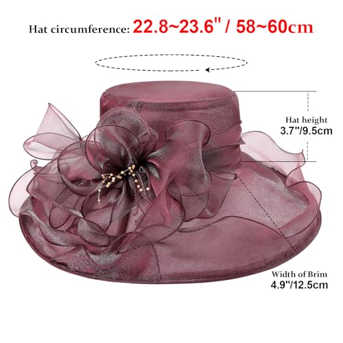AQOKKA Women Organza Church Fascinators Kentucky Derby Hats for Women and Girls Wedding Flower Tea Party Hat with Wide Brim - color: Burgundy