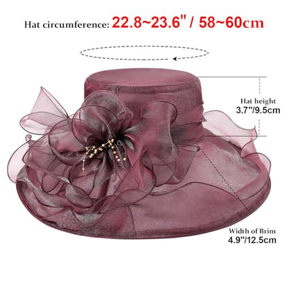 AQOKKA Women Organza Church Fascinators Kentucky Derby Hats for Women and Girls Wedding Flower Tea Party Hat with Wide Brim - color: Burgundy
