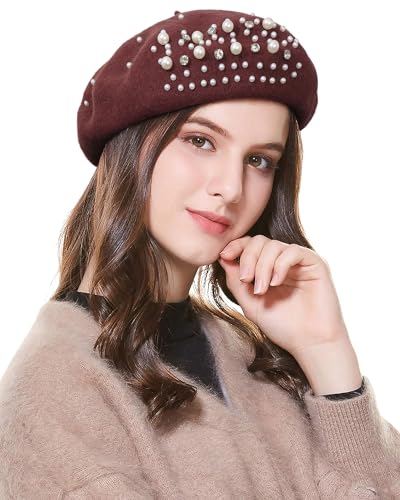 AWAYTR French Beret with Pearls & Rhinestones, Wool Beanie Hat for Women - color: Coffee