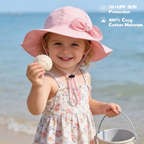 Baby Girl Sun Hat with UPF 50+ Outdoor Adjustable Beach Hat with Wide Brim Bucket Hats - color: Pink & White -2pcs, size: 2-3T