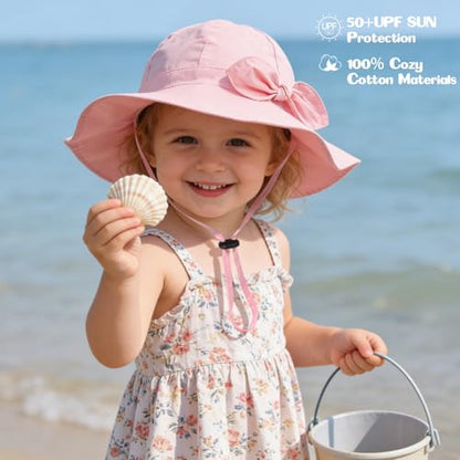 Baby Girl Sun Hat with UPF 50+ Outdoor Adjustable Beach Hat with Wide Brim Bucket Hats - color: Pink & White -2pcs, size: 0-6 Months