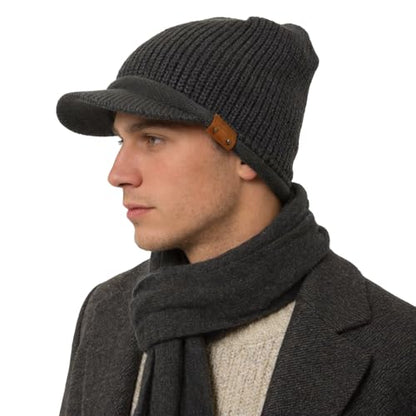 Winter Beanie with Visor - Stylish Knit Hat with Bill - Thick Brimmed Beanies with Fleece Lining Men and Women - color: B326-grey