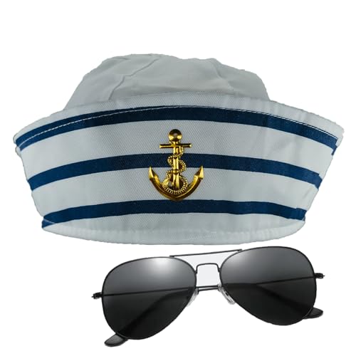 Sailor Hat Captain Navy Hat Adjustable Width Blue with White Sail Hats for Men Women Halloween Dressing Up Party Navy Costume Accessory
