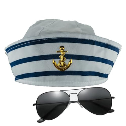 Sailor Hat Captain Navy Hat Adjustable Width Blue with White Sail Hats for Men Women Halloween Dressing Up Party Navy Costume Accessory