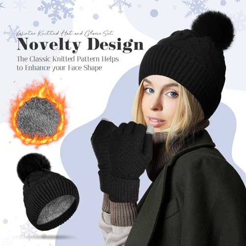 Womens Winter Fleece Lined Knitted Beanie Hat Glove Set, Warm Pom Pom Beanie Knit Cap Touchscreen Gloves for Women - color: Black