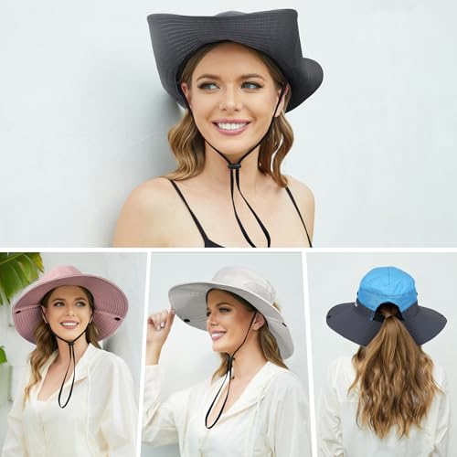 Womens Sun Hat with Ponytail Hole, UV Protection Foldable Beach Fishing Hat - color: Beige