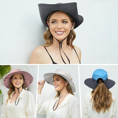 Womens Sun Hat with Ponytail Hole, UV Protection Foldable Beach Fishing Hat - color: Beige